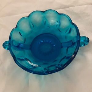 Blue Glass Nappy Bowl Anchor Hocking  Fairfield Double Handle 70's 5”W 2”T
